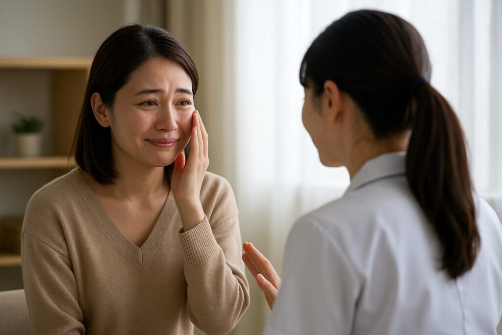 看護師さんが優しく丁寧に話しを聞いてくださり、嬉しくて涙ぐんでいる私のイメージ画像。