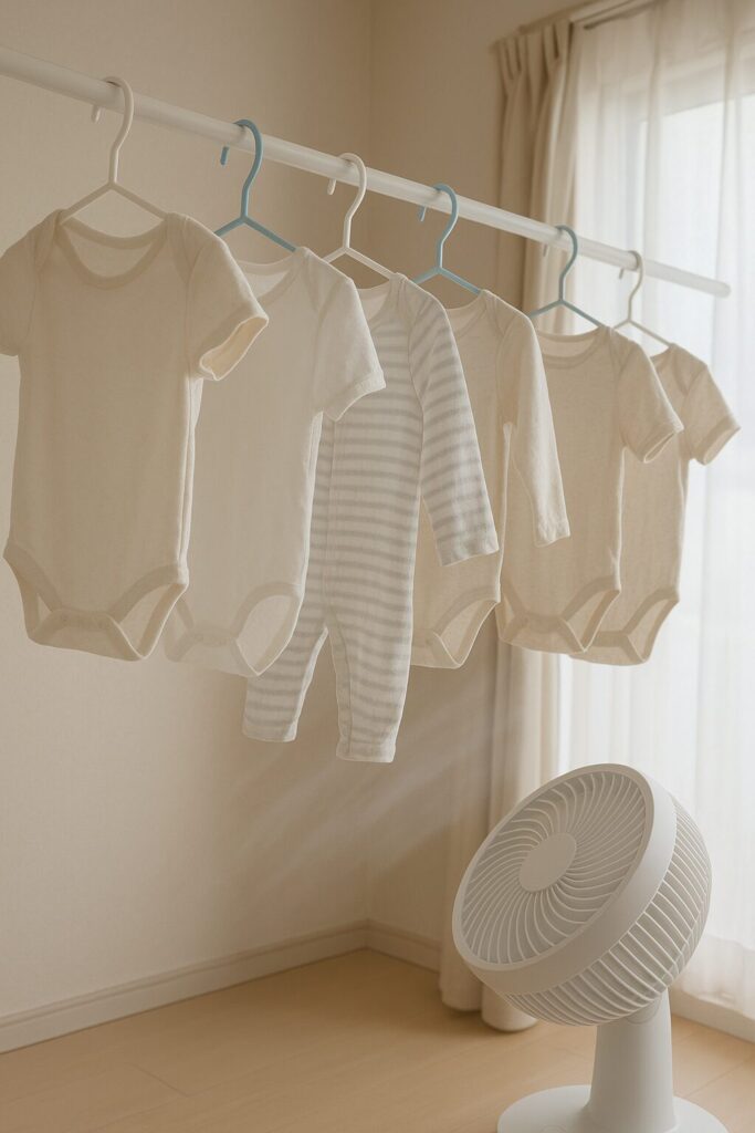 サーキュレーターを回しながら、ベビー服を乾燥させている写真