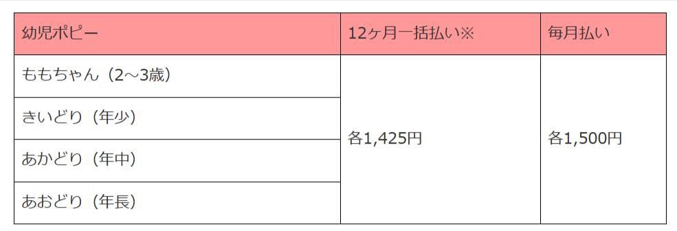 幼児ポピー料金表