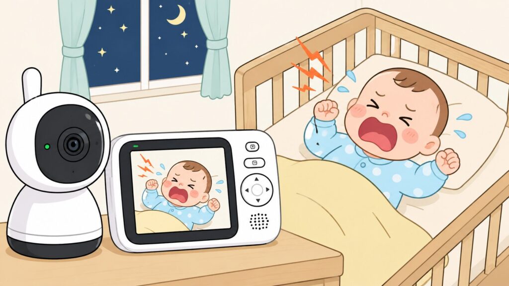 2階のベッドで夜泣きをしている赤ちゃんの画像
