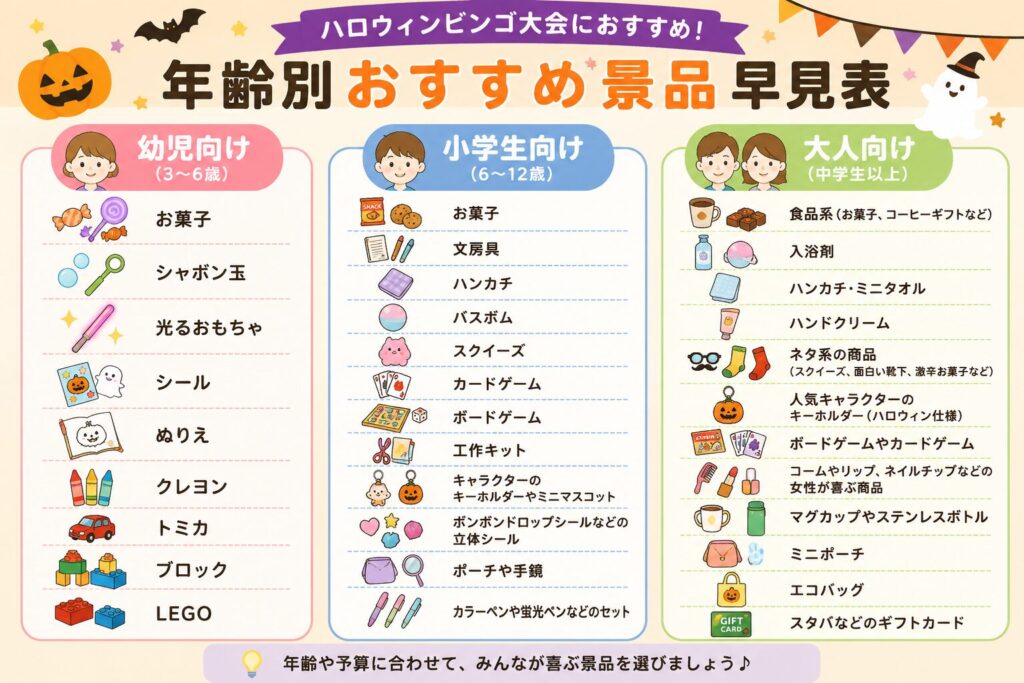 ハロウィンビンゴ大会の景品におすすめな商品早見表（幼児・小学生・大人別）